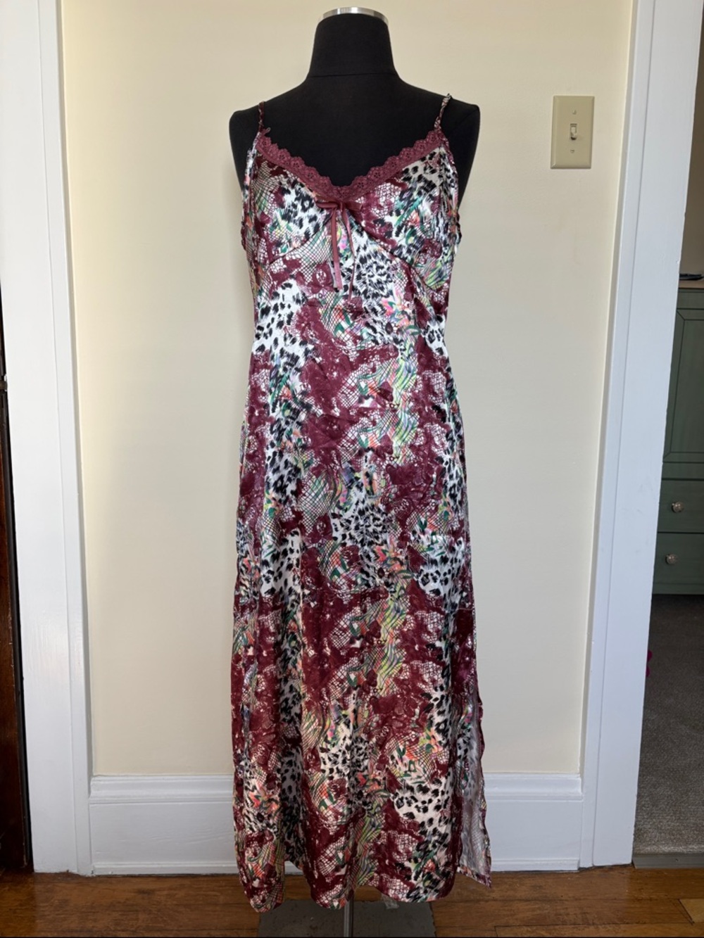 Sleeveless Satin Slip Dress with Lace Trim Maroon Multi Color Pattern Joan Vass